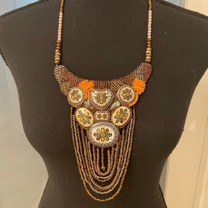 Statement Beaded leather Necklace! Bronze, orange tones! One of a kind piece!